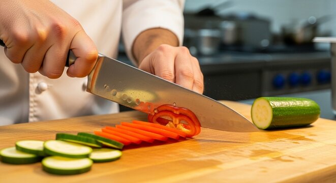 Chef slicing bell pepper and zucchini on cutting board, preparing fresh ingredients for cooking
