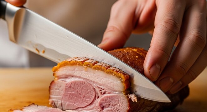 Chef slicing crispy roast pork belly with knife, close-up on wooden board