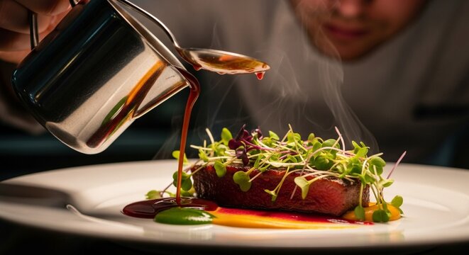 Chef pouring gourmet sauce onto a meticulously plated steak with microgreens