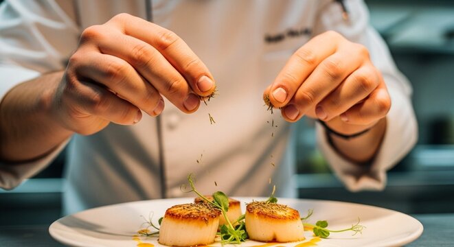 Chef garnishing pan-seared scallops with herbs, fine dining presentation