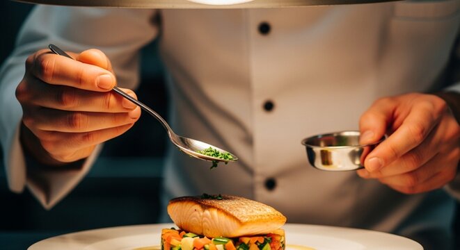 Chef garnishing salmon dish with fresh herbs using spoon in restaurant