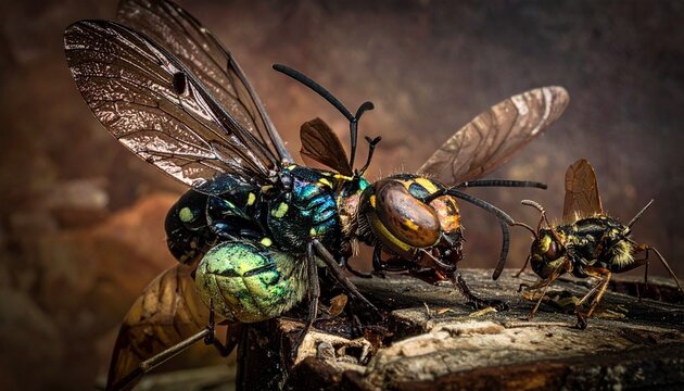 Macro shot of iridescent flies showcasing intricate details and textures.