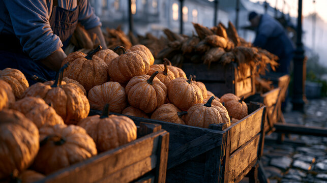 Wide outdoor establishing view of a farmers market at harvest season setup, vendors unloading wooden crates of squash and dried corn into stall frames at dawn, mist across the empty town square, cob