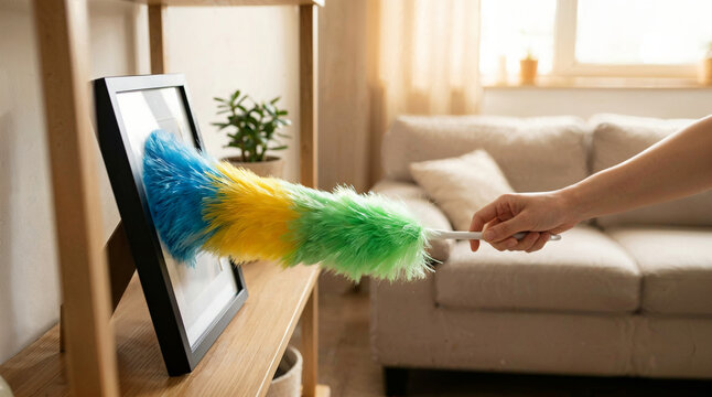 Woman cleaning picture frame with colorful duster in bright living room  