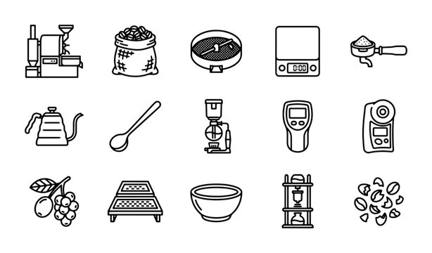 Coffee Brewing Equipment Icons Set, Barista Tools Vector Graphics, Espresso Maker & Grinder Collection