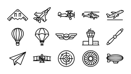 Aircraft Icons Set: Aviation, Airplanes, Helicopters, Hot Air Balloons, Control Tower, Radar, Jet Engine © Russel