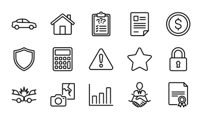 Fototapeta premium Insurance Icons Set: Car, Home, Shield, Risk, Finance, Security, Business Vector Graphics