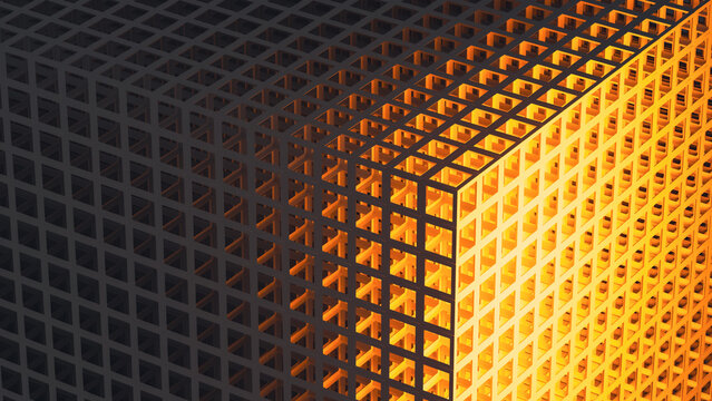 Glowing cube with lattice design in technology background