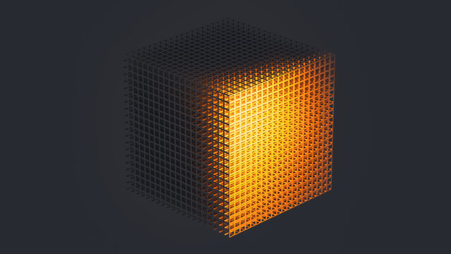 Glowing cube with lattice design in technology background