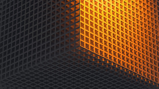 Glowing cube with lattice design in technology background