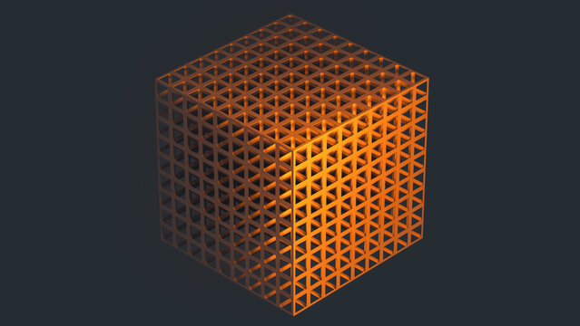 Glowing geometric cube stands in dark space with lattice design