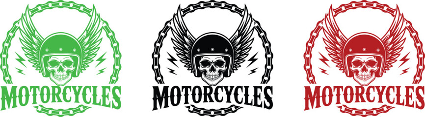 Skull with Motorcycle Helmet Wings and Chain Emblem Vector Art illustration © QueenMomtaz 