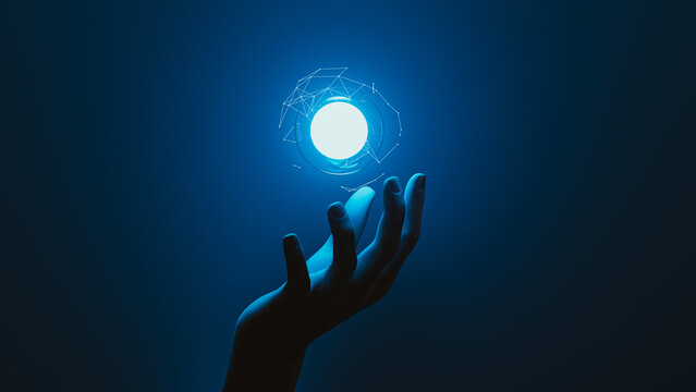 Hand holds digital sphere with advanced AI design in dark setting