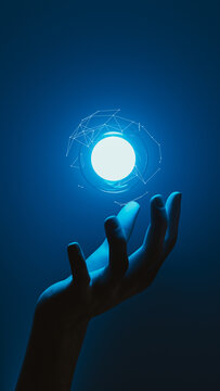 Hand holds digital sphere with advanced AI design in dark setting