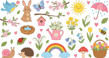 Naklejka premium Cute Spring Clipart Vector Set with Kawaii Animals Flowers Rainbow and Garden Elements for Design