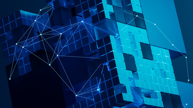Explore abstract technology network with cubes and connections
