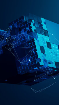 Explore abstract technology network with cubes and connections