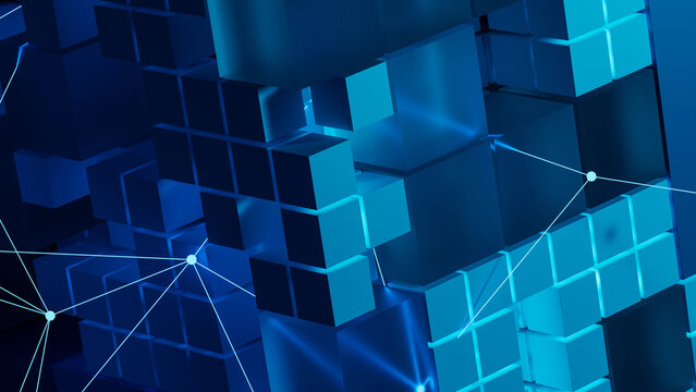Explore abstract technology network with cubes and connections