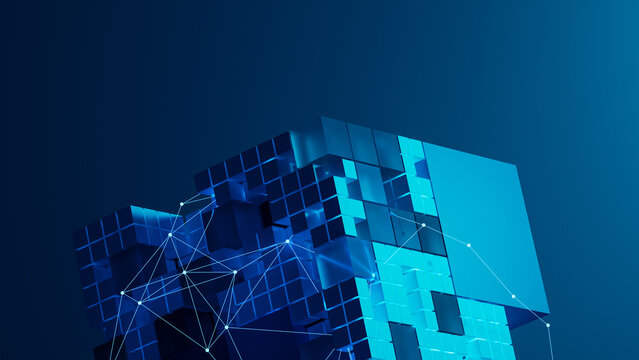 Explore abstract technology network with cubes and connections