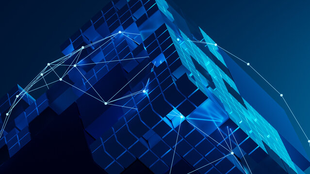 Explore abstract technology network with cubes and connections