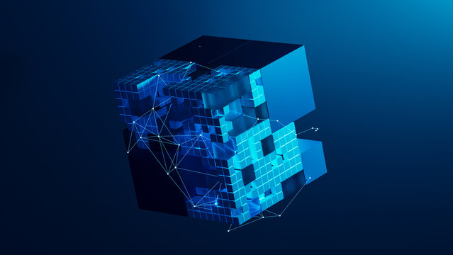 Explore abstract technology network with cubes and connections