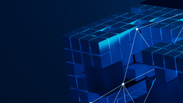 Explore abstract technology network with cubes and connections