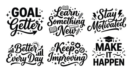 Set of six motivational quotes and inspiring lettering phrases for success and personal development with typography design on white background © Minara