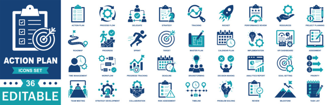 Action plan solid Icons Set. Business strategy, goal setting, project planning, workflow and task management vector illustration.