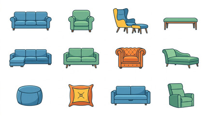 Fototapeta premium Collection of Various Sofas and Armchairs Furniture Icons.