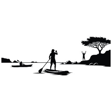 Paddling and kayaking activities vector silhouette illustration at coastal landscape scene.