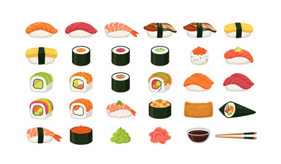 Japanese Sushi Collection Nigiri Maki Roll and Sashimi Flat Vector Set © Sagor