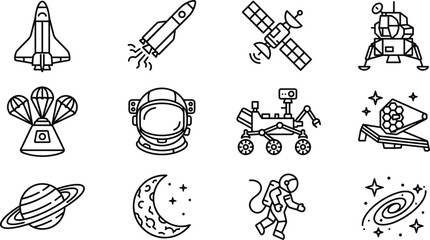 Space Exploration and Astronomy Line Icon Set with Rocket, Astronaut, Rover, Satellite, Telescope, and Planet Symbols for Science and Education Designs © MdJaynal