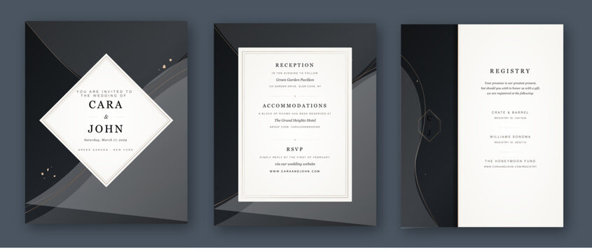Elegant wedding invitation card templates in a minimalist layout with dark charcoal and cream geometric patterns for modern event stationery.
