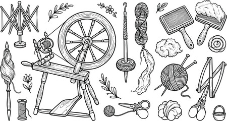 Vintage Spinning Wheel and Yarn Making Tools Hand Drawn Engraving Icon Set with Drop Spindle, Carders, Wool Roving, and Knitting Accessories for Craft Designs © MdJaynal