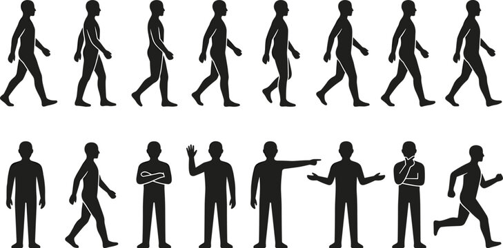 Walking and Gesturing Man Silhouette Vector Set Featuring Gait Cycle Frames, Side Profile Striding, Running Motion, Hand Waving, and Pointing Gesture Poses