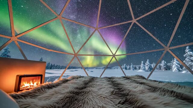 Cozy Igloo Dome with Aurora Borealis and Fireplace View