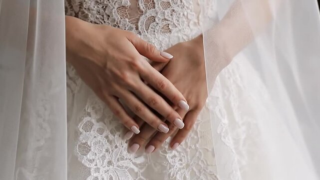 Bride's hands resting on lace wedding gown details