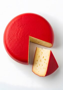Gouda cheese wheel with red wax coating and single wedge removed.