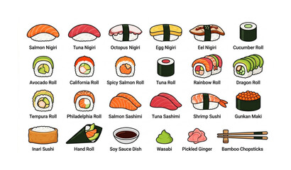 Japanese Sushi Food Collection Fresh Rolls and Nigiri Vector Illustration © Sagor