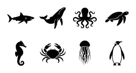 Ocean Wildlife Icons Set: Shark, Whale, Octopus, Turtle, Seahorse, Crab, Jellyfish, Penguin © Imran
