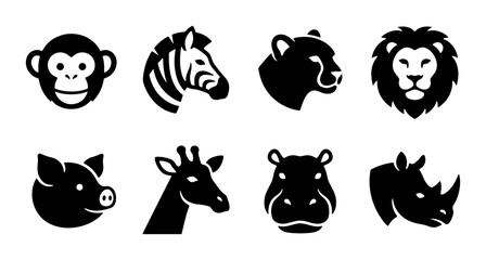 African Wildlife Icons: Lion, Zebra, Giraffe, Hippo, Rhino, Pig, Monkey, Bear Silhouettes © Imran
