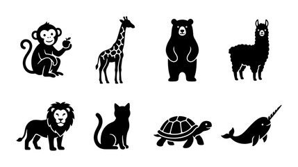 Set of 8 Black Animal Silhouettes: Monkey, Giraffe, Bear, Llama, Lion, Cat, Turtle, Narwhal Icons © Imran