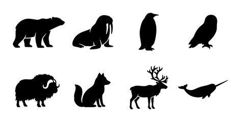 Arctic Wildlife Silhouettes: Polar Bear, Walrus, Penguin, Snowy Owl, Musk Ox, Fox, Reindeer, Narwhal © Imran
