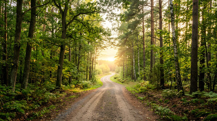 Fototapeta premium Walking along a dirt path through a lush green forest at sunset
