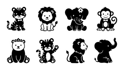 Fototapeta premium Cute Cartoon Safari Animals Vector Icons, Baby Wildlife Characters Set, Adorable Jungle Creatures Collection