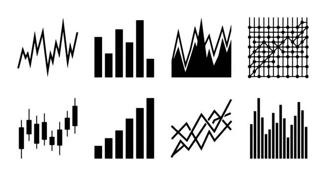 Diverse Financial Data Graphs, Stock Market Charts, Business Analytics Visuals, Economic Trends Icons