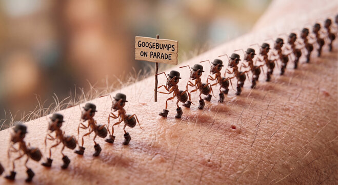 Tiny skin-colored anthropomorphic goosebumps with determined mood marching across textured human skin while carrying a GOOSEBUMPS ON PARADE sign representing the idiom goosebumps