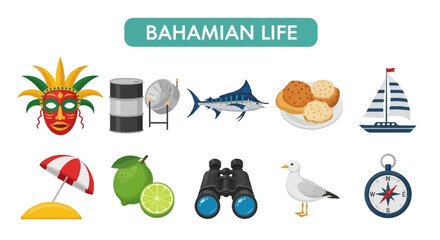 Vibrant Bahamian Lifestyle and Culture Flat Design Illustration with Tropical Elements © zyaa