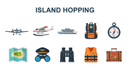 Island Hopping Travel Adventure with Transport and Gear Flat Design Illustration © zyaa