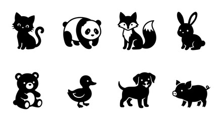 Obraz premium Cute Black Animal Icons Set, Adorable Cartoon Wildlife Silhouettes for Kids and Nature Designs